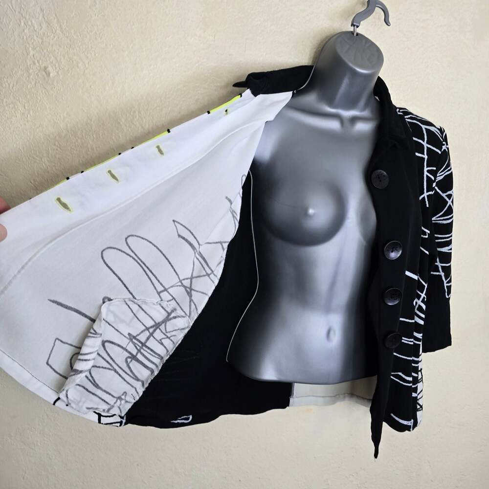 Ali Miles Black White Lime Scribble Print Button-Front Jacket Size PM - Picture 5 of 8
